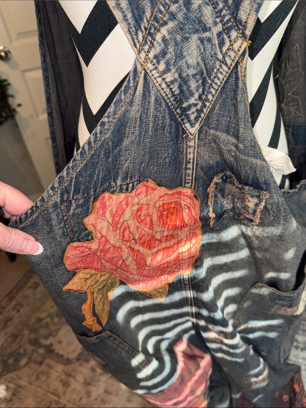 Jaded Gypsy Floral Patchwork Denim Overalls - Pink & Yellow Embroidered Design - Picture 6 of 9